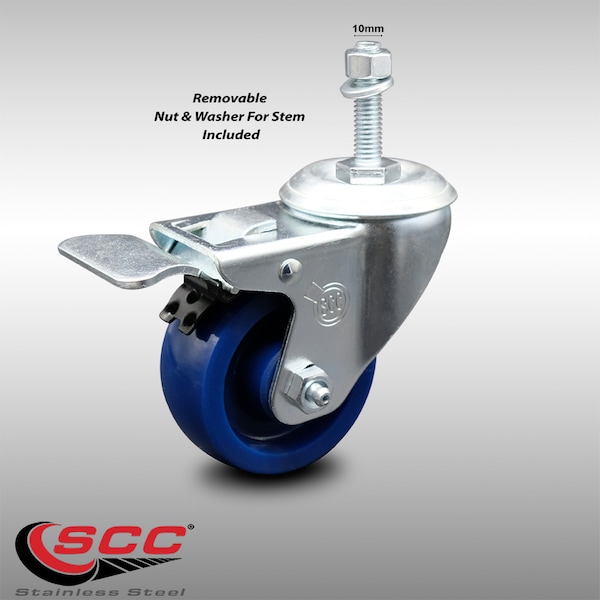 3 Inch SS Solid Polyurethane 10mm Threaded Stem Caster with Total Lock Brake